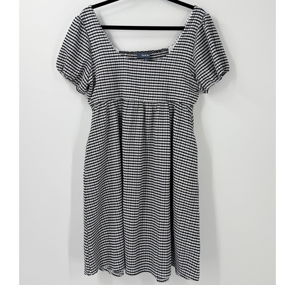 ModCloth Gingham Seersucker Puff Sleeve‎ Dress XL milkmaid picnic garden pockets